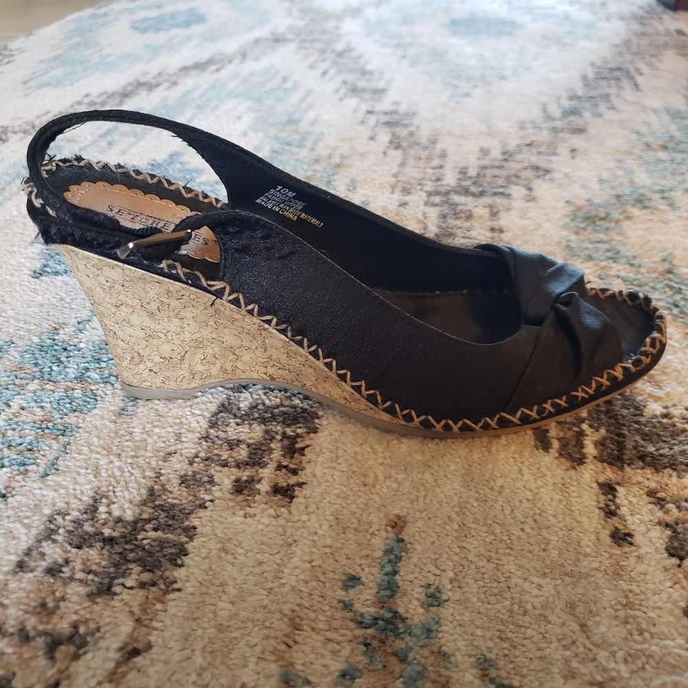 Seychelles Black Fabric Slingback Wedges with Metallic Gold Cork Heel